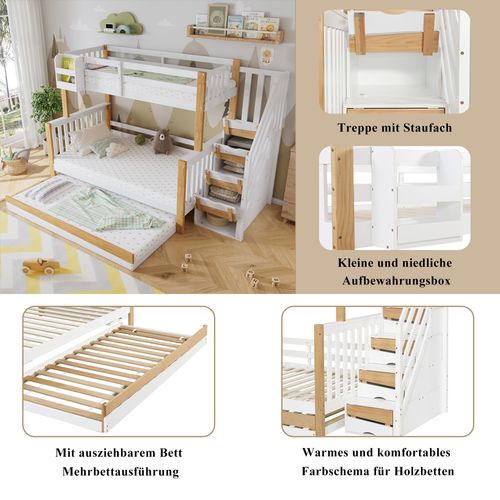 Lit Superposé 3 Couchages 90x200 Et 120x200 Cm Avec Lit Gigogne, Escalier Rangement – Blanc Et Bois