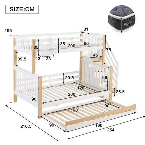Lit Superposé 3 Couchages 90x200 Et 120x200 Cm Avec Lit Gigogne, Escalier Rangement – Blanc Et Bois