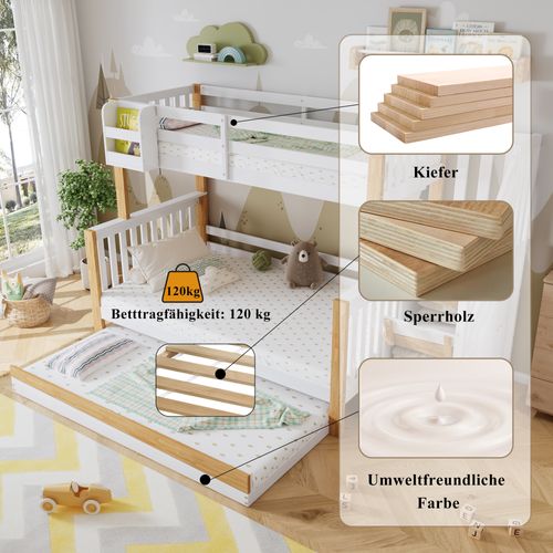 Lit Superposé 3 Couchages 90x200 Et 120x200 Cm Avec Lit Gigogne, Escalier Rangement – Blanc Et Bois