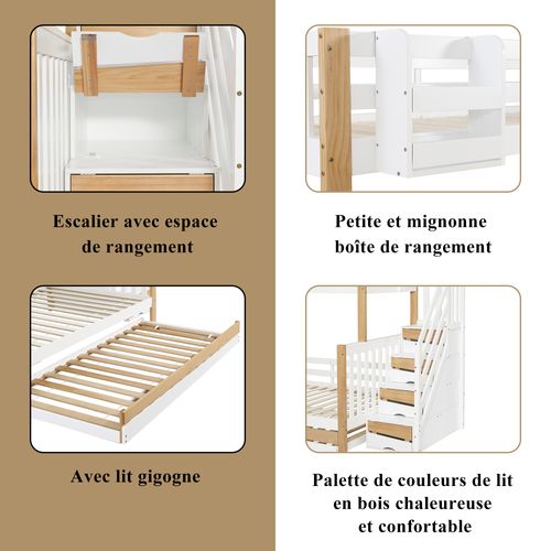 Lit Superposé 3 Couchages 90x200 Et 120x200 Cm Avec Lit Gigogne, Escalier Rangement – Blanc Et Bois