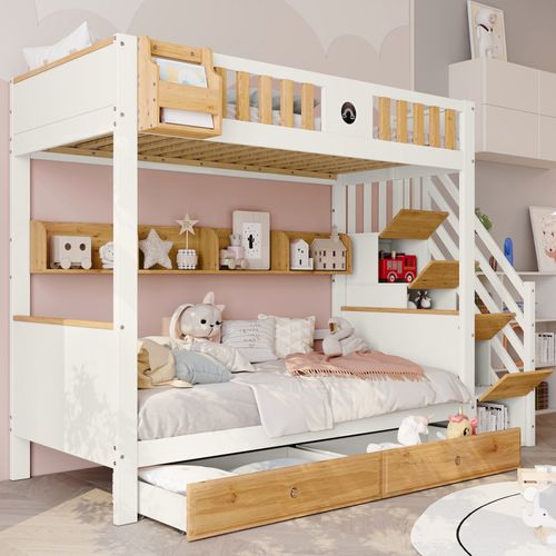 Lit Superposé Enfant 90x200 Cm Avec Échelle Rangement, 2 Tiroirs – Blanc Et Bois
