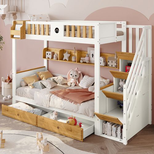 Lit Superposé Enfant 90x200 Cm Avec Échelle Rangement, 2 Tiroirs – Blanc Et Bois