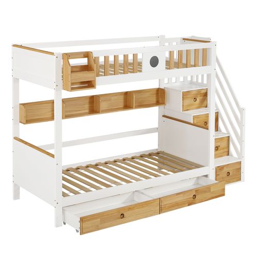 Lit Superposé Enfant 90x200 Cm Avec Échelle Rangement, 2 Tiroirs – Blanc Et Bois