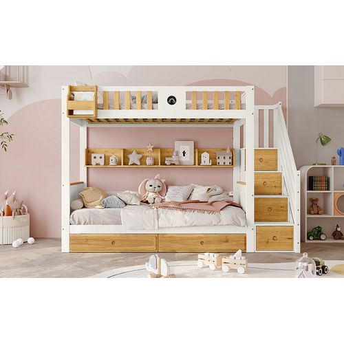 Lit Superposé Enfant 90x200 Cm Avec Échelle Rangement, 2 Tiroirs – Blanc Et Bois
