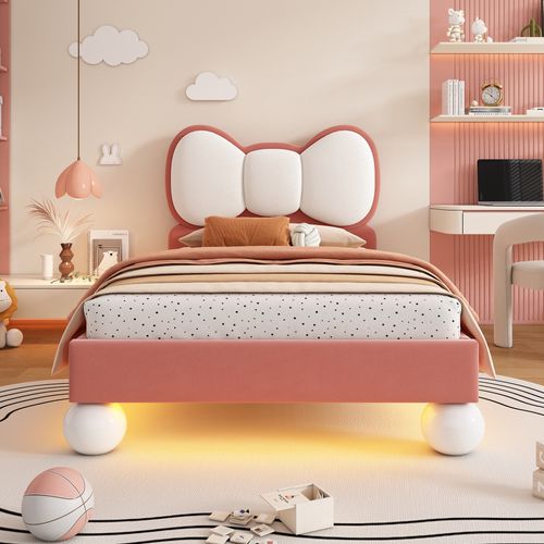 Lit Enfant 90x200 Cm Avec Tête De Lit Nœud Papillon Et LED, Beige Et Rose