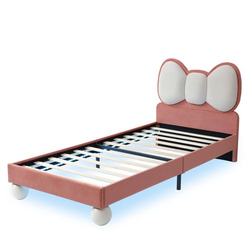 Lit Enfant 90x200 Cm Avec Tête De Lit Nœud Papillon Et LED, Beige Et Rose