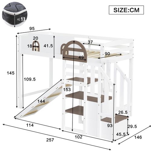 Lit Superposé Enfant Avec Toboggan, Fenêtres Décoratives Et Rangements Intégrés 90x200 Cm
