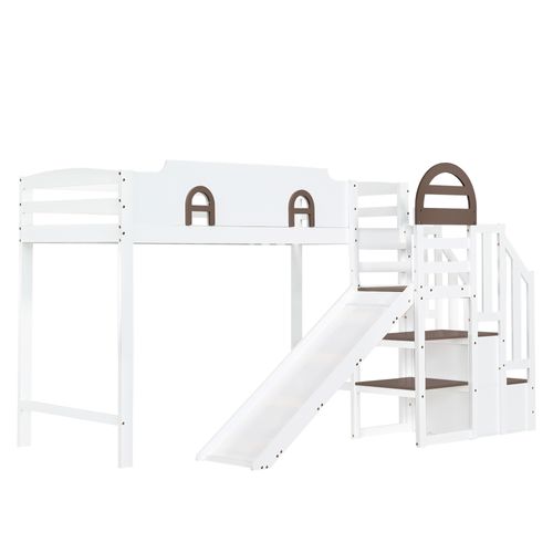 Lit Superposé Enfant Avec Toboggan, Fenêtres Décoratives Et Rangements Intégrés 90x200 Cm