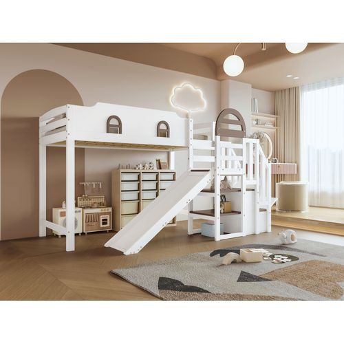 Lit Superposé Enfant Avec Toboggan, Fenêtres Décoratives Et Rangements Intégrés 90x200 Cm