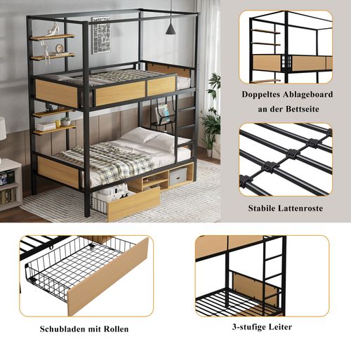 Lit Superposé 90x200 Cm En Métal Noir Avec Rangements Et Rideaux, Style Industriel