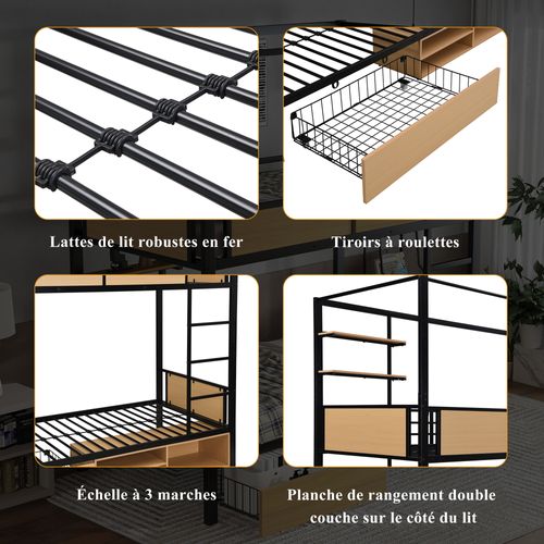 Lit Superposé 90x200 Cm En Métal Noir Avec Rangements Et Rideaux, Style Industriel