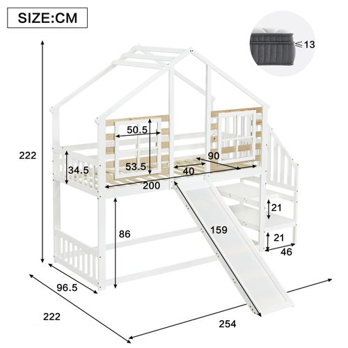 Lit Superposé Cabane Enfant 90x200 Cm Bois Blanc Avec Toboggan Et Fenêtre
