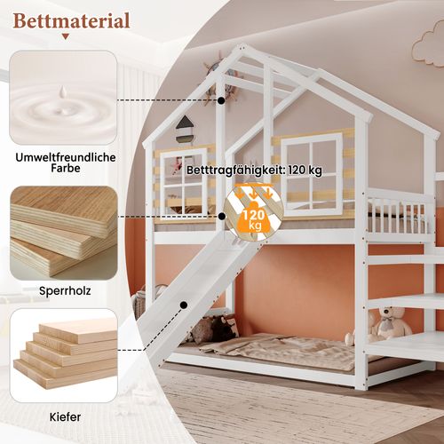 Lit Superposé Cabane Enfant 90x200 Cm Bois Blanc Avec Toboggan Et Fenêtre