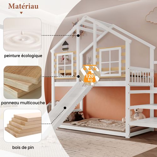 Lit Superposé Cabane Enfant 90x200 Cm Bois Blanc Avec Toboggan Et Fenêtre