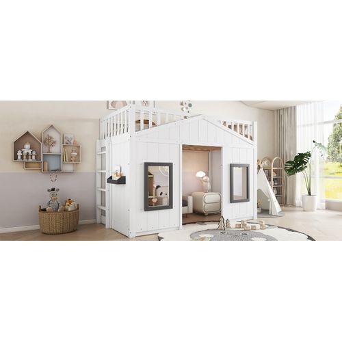 Lit Mezzanine Enfant 90x200 Cm Blanc Avec Fenêtres, Escalier Et Espace Modulable