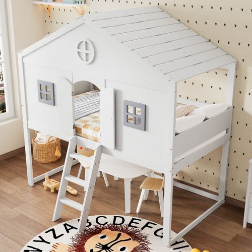 Lit Mezzanine Enfant 90x200 Cm Avec Escaliers, Fenêtres Grises Et Espace Libre