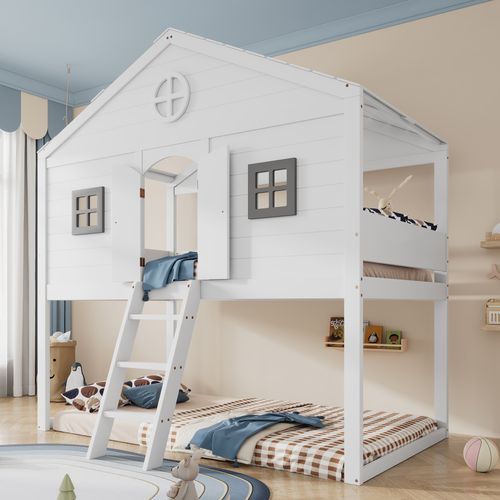 Lit Mezzanine Enfant 90x200 Cm Avec Escaliers, Fenêtres Grises Et Espace Libre