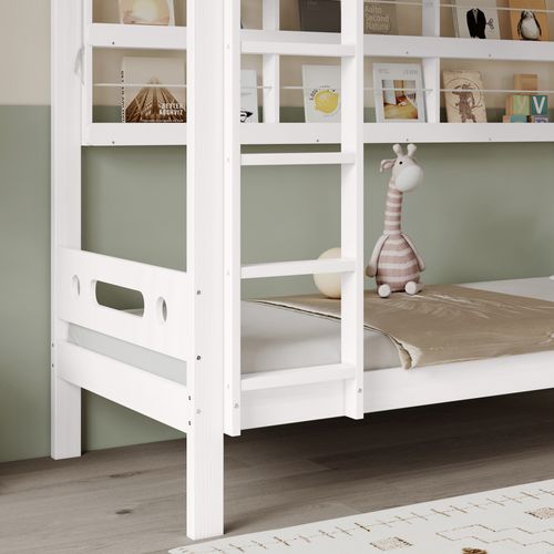 Lit Superposé Enfant Blanc 90x200 Cm Avec Étagères Ouvertes Et Échelle 5 Marches