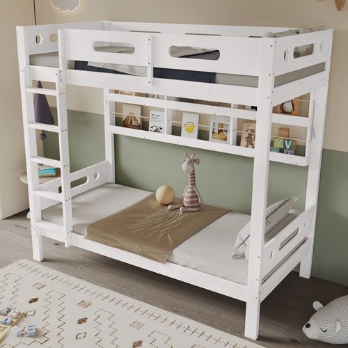 Lit Superposé Enfant Blanc 90x200 Cm Avec Étagères Ouvertes Et Échelle 5 Marches