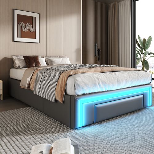 Cadre De Lit 90x200 Cm Gris En Simili Cuir Avec Tiroirs Et LED Intégrée