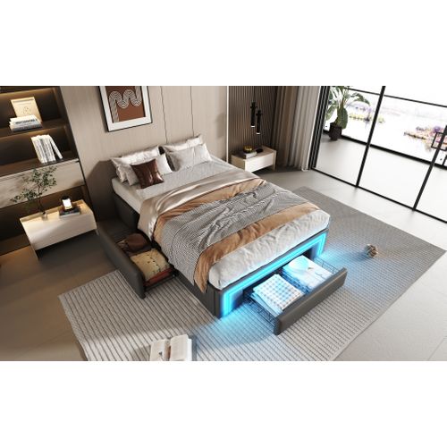 Cadre De Lit 90x200 Cm Gris En Simili Cuir Avec Tiroirs Et LED Intégrée