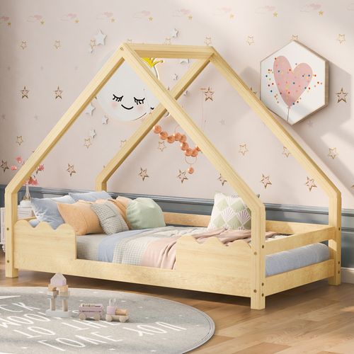 Lit Cabane Enfant 90x200 Cm Avec Barrière Anti-chute En Bois Massif Naturel