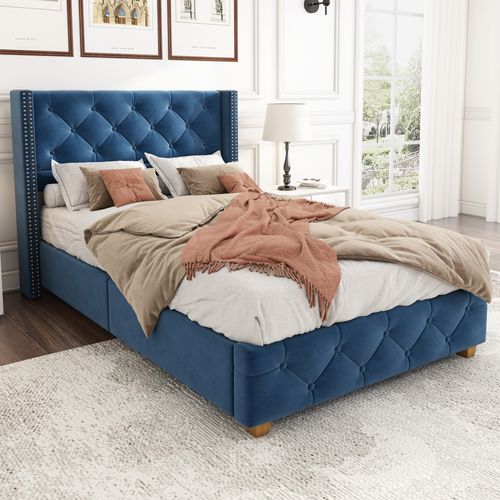 Lit Rembourré 90x200 Cm En Lin Bleu Avec Sommier, Tête De Lit Capitonnée Et Clous Décoratifs