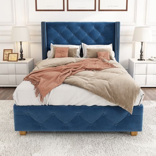 Lit Rembourré 90x200 Cm En Lin Bleu Avec Sommier, Tête De Lit Capitonnée Et Clous Décoratifs