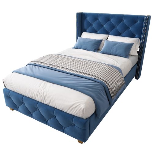 Lit Rembourré 90x200 Cm En Lin Bleu Avec Sommier, Tête De Lit Capitonnée Et Clous Décoratifs