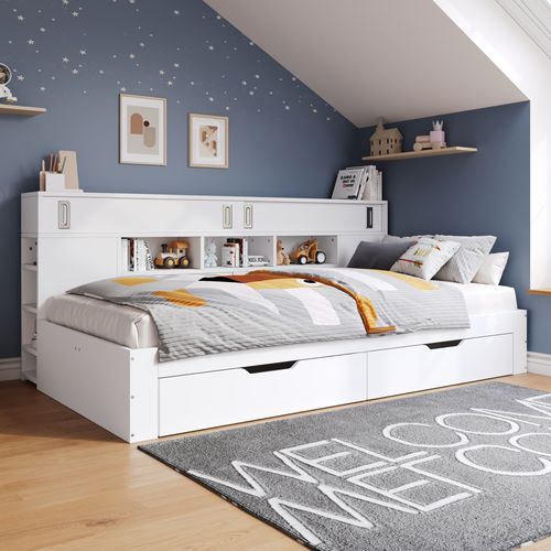 Banquette-lit Enfant Multifonction 90x200 Cm Avec Rangements, Blanc