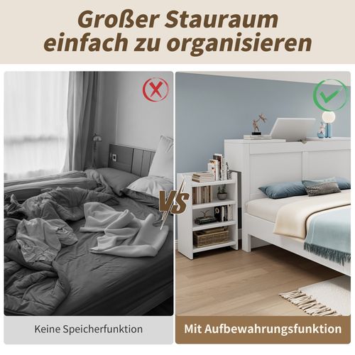 Lit Double Bois Blanc 140x200 Cm Avec Rangement Intégré Et Tables De Chevet Coulissantes