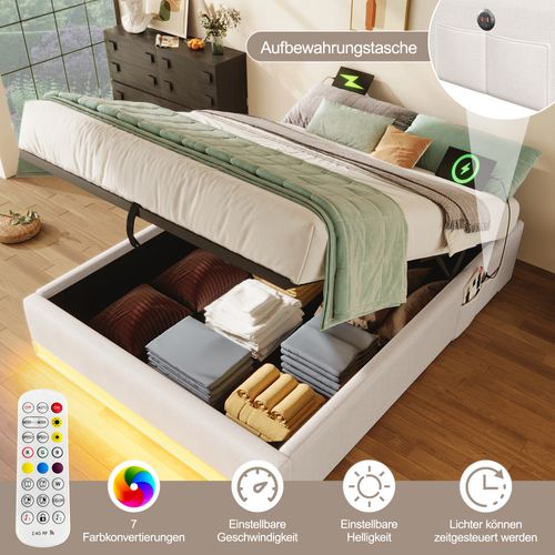 Lit Enfant 90x200 Cm Avec LED Télécommandée, USB Et Rangement Beige