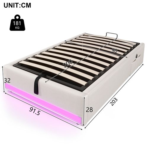 Lit Enfant 90x200 Cm Avec LED Télécommandée, USB Et Rangement Beige