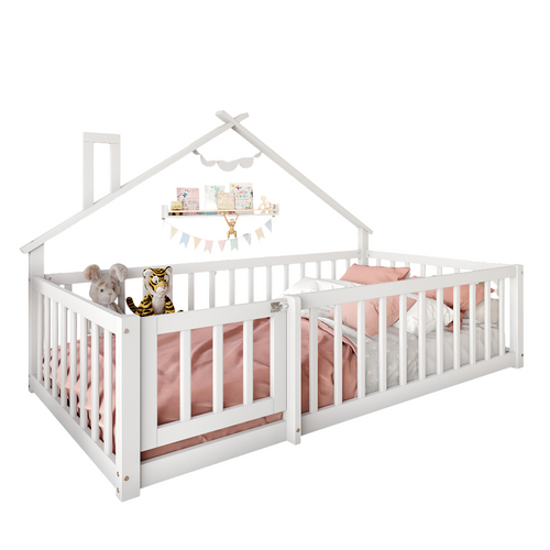Lit Enfant 140x190 Cm En Pin Blanc Avec Barrières De Sécurité Style Maison