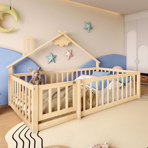 Lit Enfant 140x190 Cm En Pin Bois Avec Barrières De Sécurité Style Maison