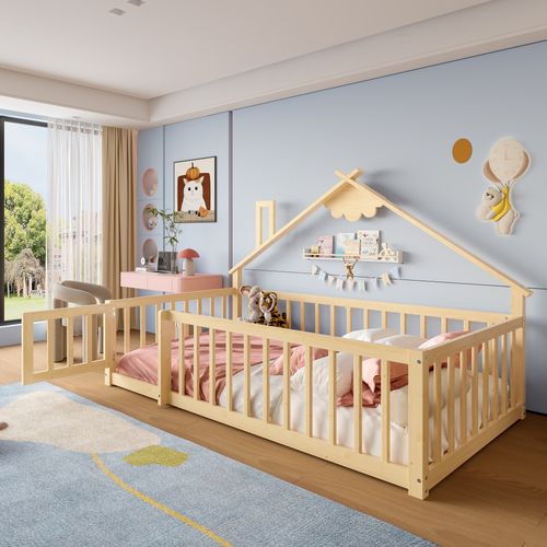 Lit Enfant 140x190 Cm En Pin Bois Avec Barrières De Sécurité Style Maison