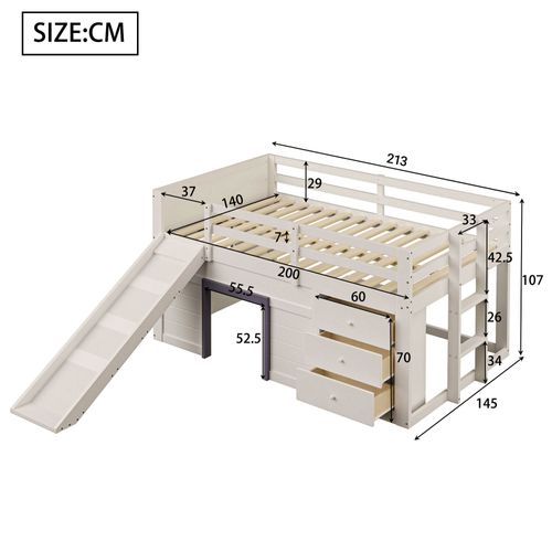 Lit Mezzanine Bas 140x200 Cm Crème Avec Toboggan, Tiroirs Et Rangement