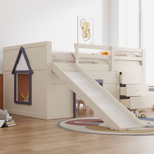 Lit Mezzanine Bas 140x200 Cm Crème Avec Toboggan, Tiroirs Et Rangement