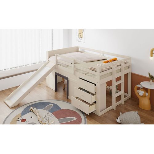 Lit Mezzanine Bas 140x200 Cm Crème Avec Toboggan, Tiroirs Et Rangement