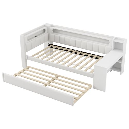 Lit Banquette 90x200 Cm Blanc Avec Tiroir-lit, Bureau Intégré, LED Et Ports USB