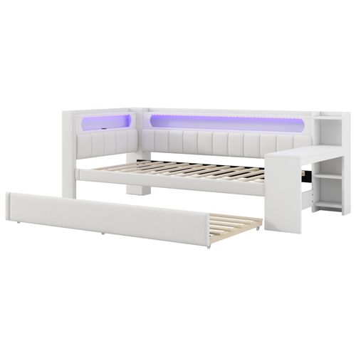 Lit Banquette 90x200 Cm Blanc Avec Tiroir-lit, Bureau Intégré, LED Et Ports USB