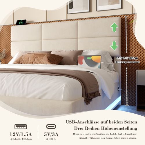 Lit Moderne En Velours 160x200 Cm Avec Tête Réglable, LED, USB Et Rangement, Beige