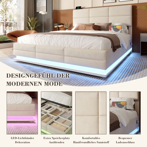 Lit Moderne En Velours 160x200 Cm Avec Tête Réglable, LED, USB Et Rangement, Beige