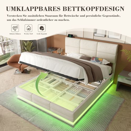 Lit Moderne En Velours 160x200 Cm Avec Tête Réglable, LED, USB Et Rangement, Beige