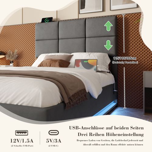 Lit Enfant En Velours 90x200 Cm Avec Tête Réglable, LED, USB Et Rangement, Gris Foncé