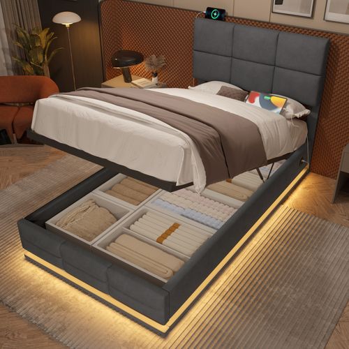 Lit Enfant En Velours 90x200 Cm Avec Tête Réglable, LED, USB Et Rangement, Gris Foncé