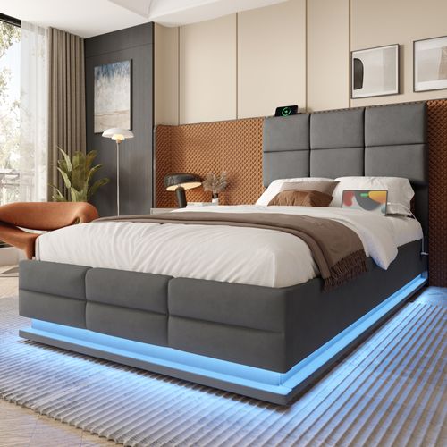 Lit Enfant En Velours 90x200 Cm Avec Tête Réglable, LED, USB Et Rangement, Gris Foncé