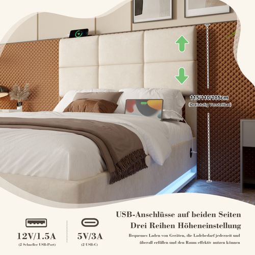 Lit Moderne En Velours 90x200 Cm Avec Tête Réglable, LED, USB Et Rangement, Beige