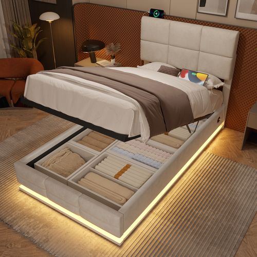 Lit Moderne En Velours 90x200 Cm Avec Tête Réglable, LED, USB Et Rangement, Beige