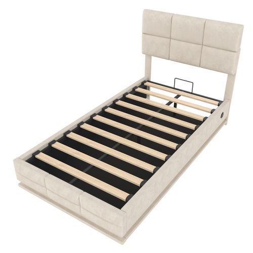 Lit Moderne En Velours 90x200 Cm Avec Tête Réglable, LED, USB Et Rangement, Beige